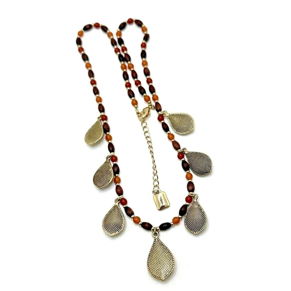 Chaps Necklace Wood Bead Earth Tone Red Dangle Statement Boho 18-20